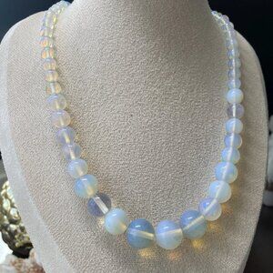 Opalite Bead Necklace 19” Graduated Blue White Glass Toggle Clasp